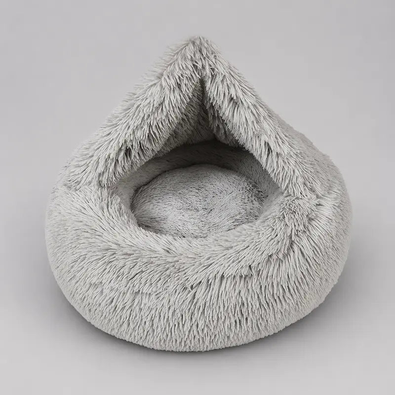 Cozy Hooded Donut Pet Bed with Blanket - Calming Design for Dogs & Cats in Luna/Grey