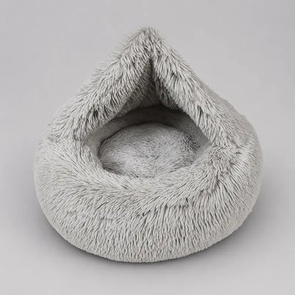 Cozy Hooded Donut Pet Bed with Blanket - Calming Design for Dogs & Cats in Luna/Grey