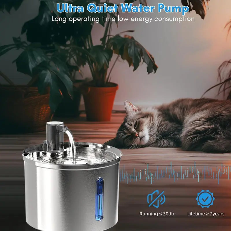 304C Rechargeable Stainless Steel Cat Water Fountain - 3L Automatic Pet Water Dispenser with Motion Sensor for Cats and Dogs