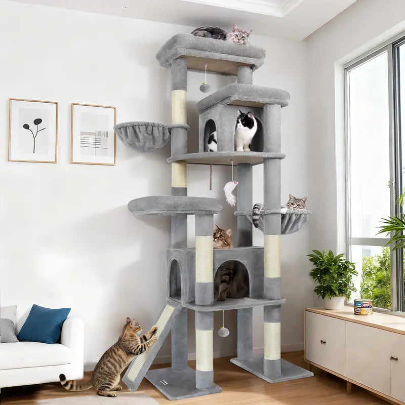 Globlazer S78 78-Inch Tall Modern Cat Tree Tower - Ultimate Activity Center for Big Cats with Condos, Sisal Scratcher, Hammock, and Leopard Print Design