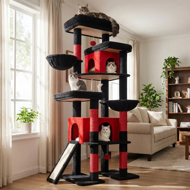 Globlazer S78 78-Inch Tall Modern Cat Tree Tower - Ultimate Activity Center for Big Cats with Condos, Sisal Scratcher, Hammock, and Leopard Print Design