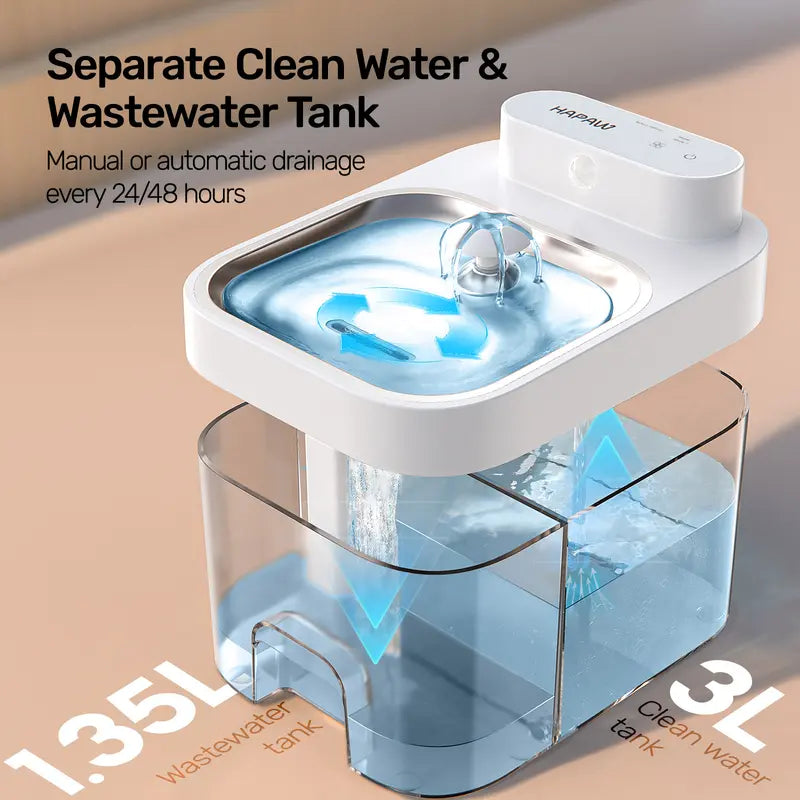 HAPAW Smart Cat Water Fountain - Filter-Free, 3L Clean & 1.35L Wastewater Tanks, App-Controlled, Dual Water Flow Modes, Perfect for Multi-Cat Homes!