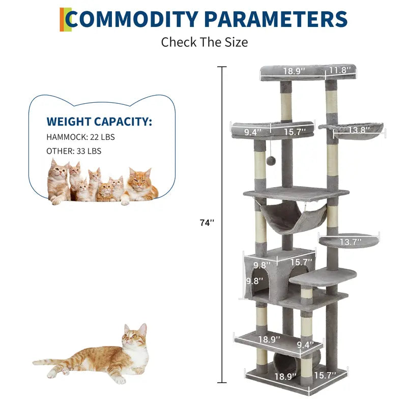 74-Inch Tall Cat Tree for Large Cats - Ultimate Feline Paradise with 11 Scratching Posts, Cozy Condos, and Spacious Hammock - Perfect for Apartments!