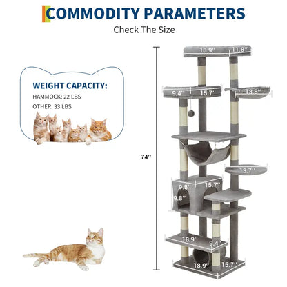 74-Inch Tall Cat Tree for Large Cats - Ultimate Feline Paradise with 11 Scratching Posts, Cozy Condos, and Spacious Hammock - Perfect for Apartments!