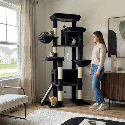 Globlazer S78 78-Inch Tall Modern Cat Tree Tower - Ultimate Activity Center for Big Cats with Condos, Sisal Scratcher, Hammock, and Leopard Print Design