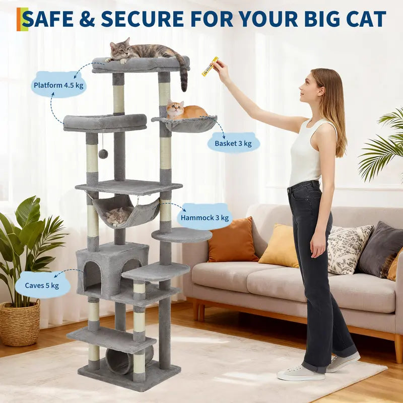 74-Inch Tall Cat Tree for Large Cats - Ultimate Feline Paradise with 11 Scratching Posts, Cozy Condos, and Spacious Hammock - Perfect for Apartments!