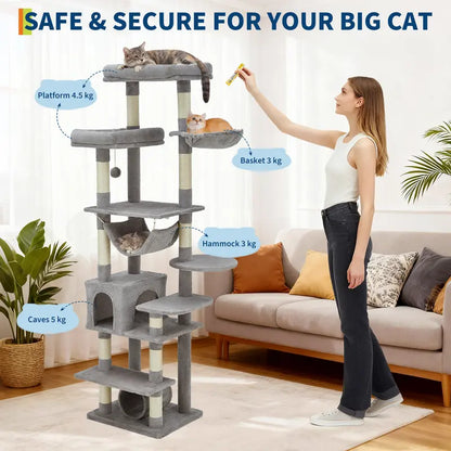 74-Inch Tall Cat Tree for Large Cats - Ultimate Feline Paradise with 11 Scratching Posts, Cozy Condos, and Spacious Hammock - Perfect for Apartments!