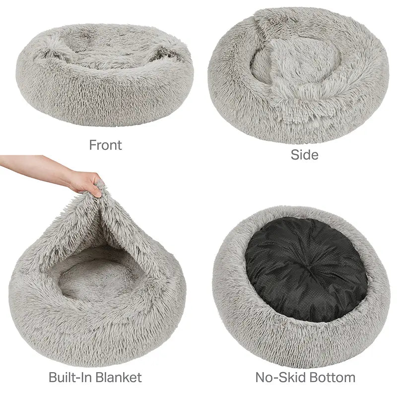 Cozy Hooded Donut Pet Bed with Blanket - Calming Design for Dogs & Cats in Luna/Grey