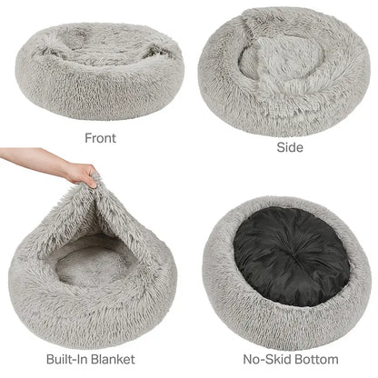 Cozy Hooded Donut Pet Bed with Blanket - Calming Design for Dogs & Cats in Luna/Grey