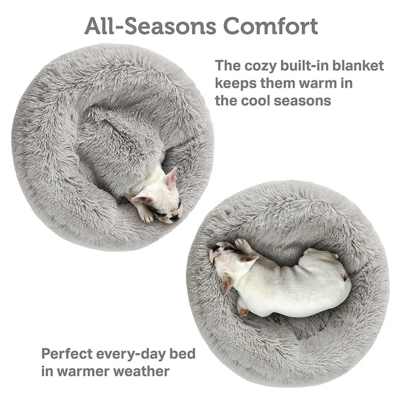 Cozy Hooded Donut Pet Bed with Blanket - Calming Design for Dogs & Cats in Luna/Grey
