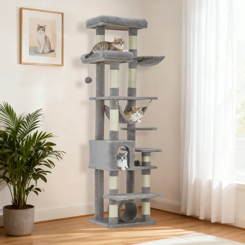 74-Inch Tall Cat Tree for Large Cats - Ultimate Feline Paradise with 11 Scratching Posts, Cozy Condos, and Spacious Hammock - Perfect for Apartments!
