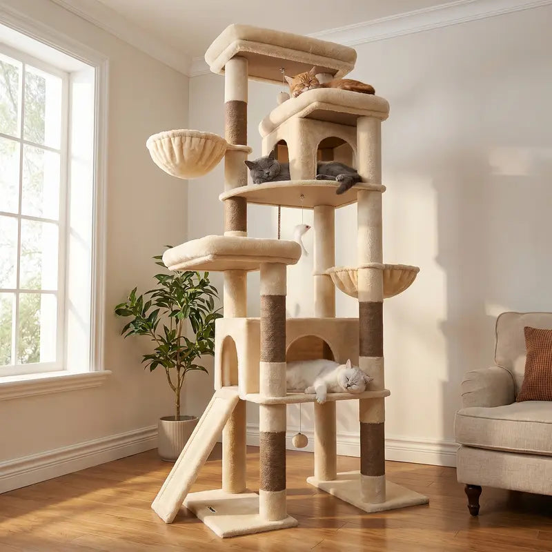Globlazer S78 78-Inch Tall Modern Cat Tree Tower - Ultimate Activity Center for Big Cats with Condos, Sisal Scratcher, Hammock, and Leopard Print Design