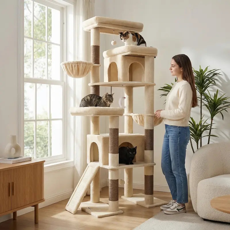 Globlazer S78 78-Inch Tall Modern Cat Tree Tower - Ultimate Activity Center for Big Cats with Condos, Sisal Scratcher, Hammock, and Leopard Print Design