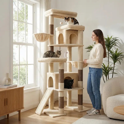Globlazer S78 78-Inch Tall Modern Cat Tree Tower - Ultimate Activity Center for Big Cats with Condos, Sisal Scratcher, Hammock, and Leopard Print Design