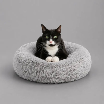 Cozy Hooded Donut Pet Bed with Blanket - Calming Design for Dogs & Cats in Luna/Grey
