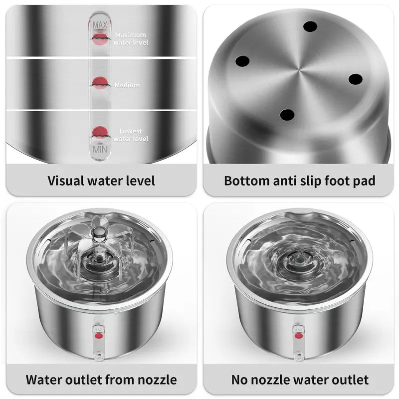 Ptlom Ultra-Quiet Pet Water Fountain - 2L Stainless Steel, BPA-Free, Dishwasher Safe, SafeSip Pump for Cats and Dogs