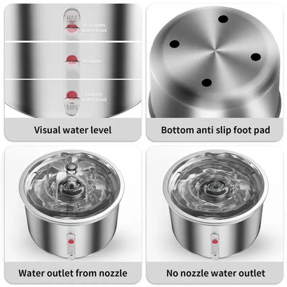 Ptlom Ultra-Quiet Pet Water Fountain - 2L Stainless Steel, BPA-Free, Dishwasher Safe, SafeSip Pump for Cats and Dogs