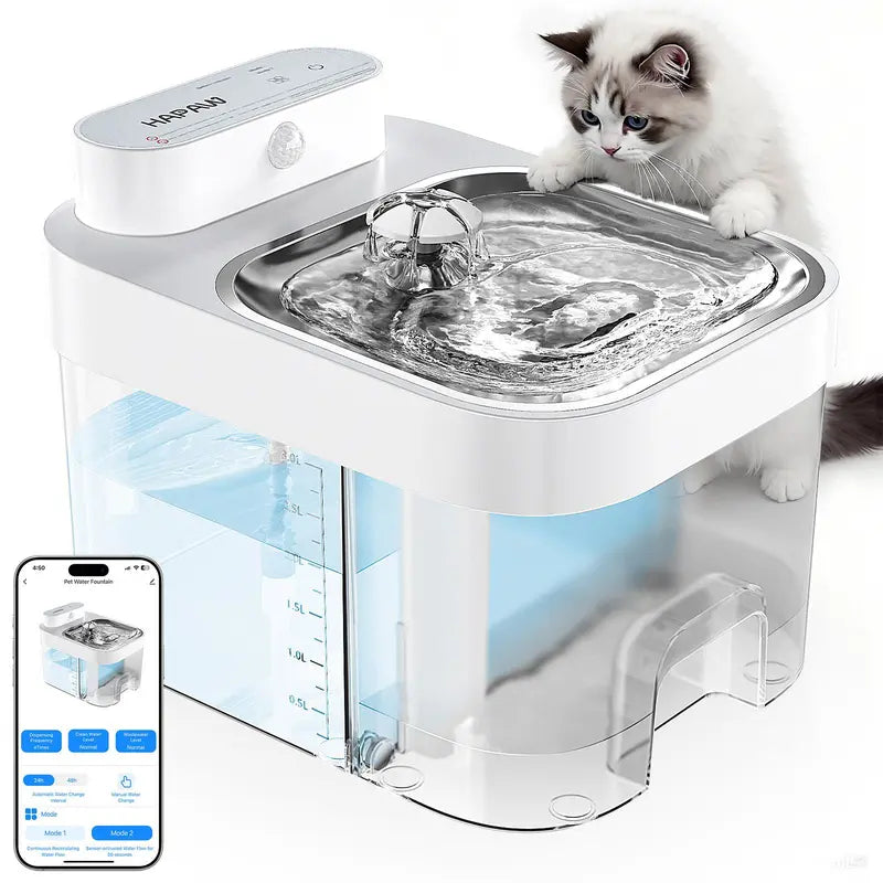 HAPAW Smart Cat Water Fountain - Filter-Free, 3L Clean & 1.35L Wastewater Tanks, App-Controlled, Dual Water Flow Modes, Perfect for Multi-Cat Homes!