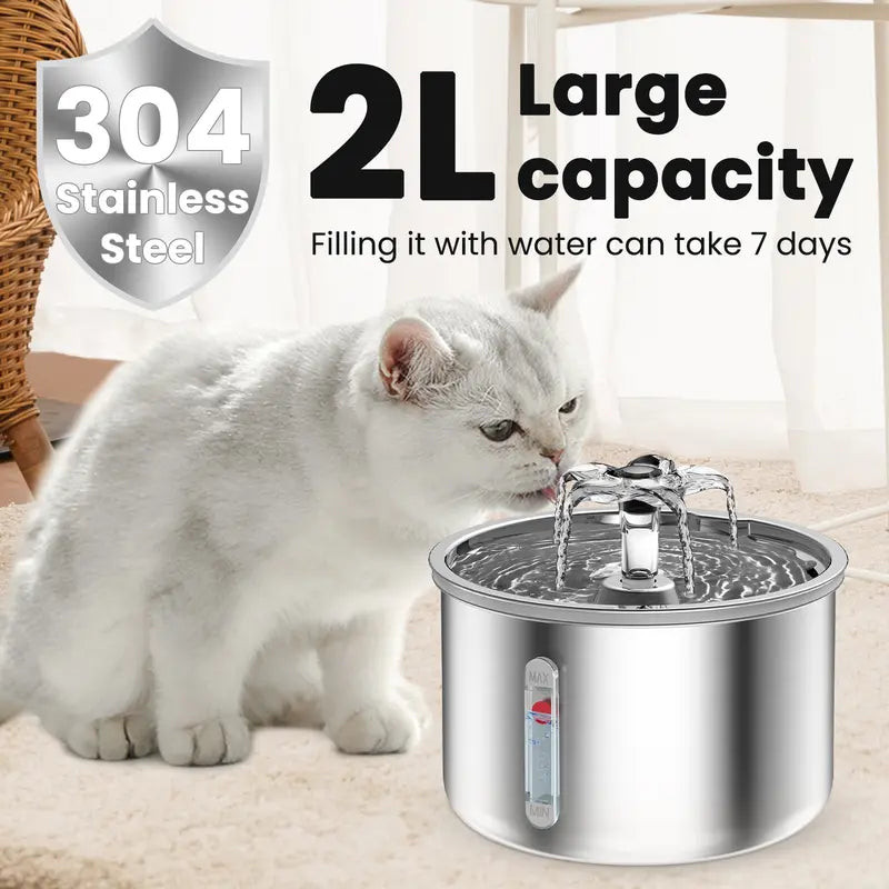 Ptlom Ultra-Quiet Pet Water Fountain - 2L Stainless Steel, BPA-Free, Dishwasher Safe, SafeSip Pump for Cats and Dogs