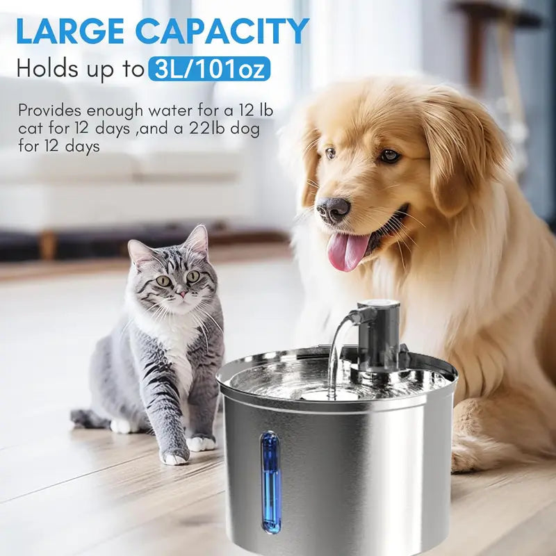 304C Rechargeable Stainless Steel Cat Water Fountain - 3L Automatic Pet Water Dispenser with Motion Sensor for Cats and Dogs