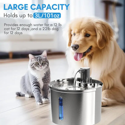 304C Rechargeable Stainless Steel Cat Water Fountain - 3L Automatic Pet Water Dispenser with Motion Sensor for Cats and Dogs