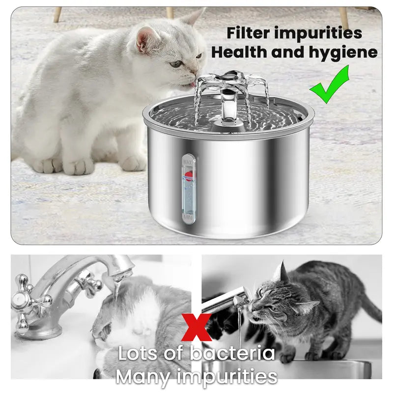 Ptlom Ultra-Quiet Pet Water Fountain - 2L Stainless Steel, BPA-Free, Dishwasher Safe, SafeSip Pump for Cats and Dogs