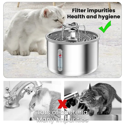 Ptlom Ultra-Quiet Pet Water Fountain - 2L Stainless Steel, BPA-Free, Dishwasher Safe, SafeSip Pump for Cats and Dogs