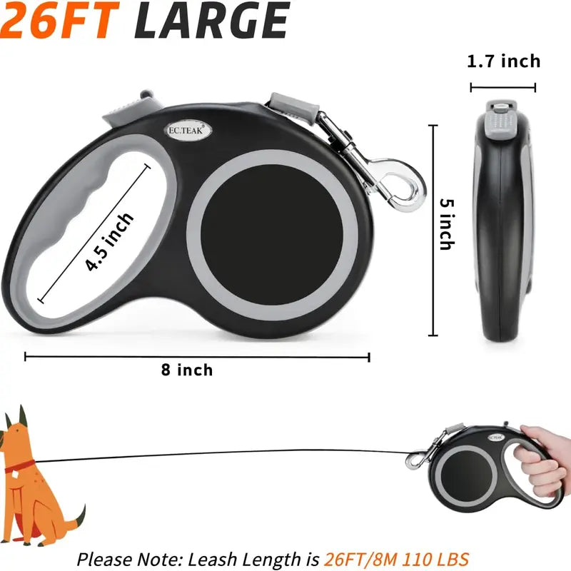 Heavy Duty Retractable Dog Leash - 26 FT for Large Dogs up to 110 Lbs, Tangle-Free Nylon Tape with One-Handed Brake & Lock, Perfect for Medium to Large Breeds (Black)