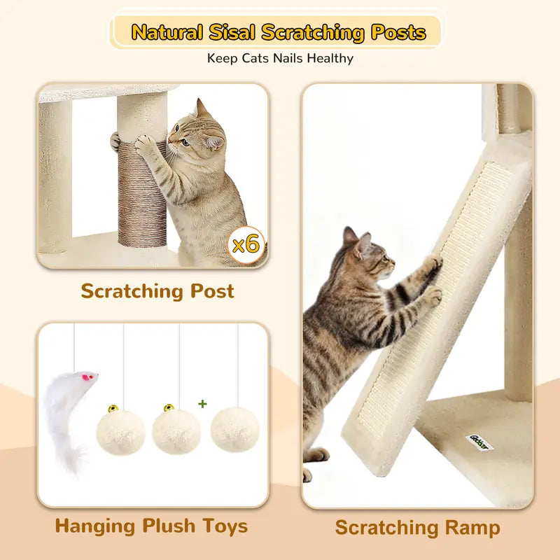Globlazer S78 78-Inch Tall Modern Cat Tree Tower - Ultimate Activity Center for Big Cats with Condos, Sisal Scratcher, Hammock, and Leopard Print Design