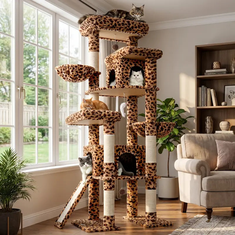 Globlazer S78 78-Inch Tall Modern Cat Tree Tower - Ultimate Activity Center for Big Cats with Condos, Sisal Scratcher, Hammock, and Leopard Print Design