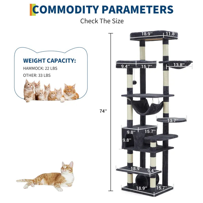 74-Inch Tall Cat Tree for Large Cats - Ultimate Feline Paradise with 11 Scratching Posts, Cozy Condos, and Spacious Hammock - Perfect for Apartments!